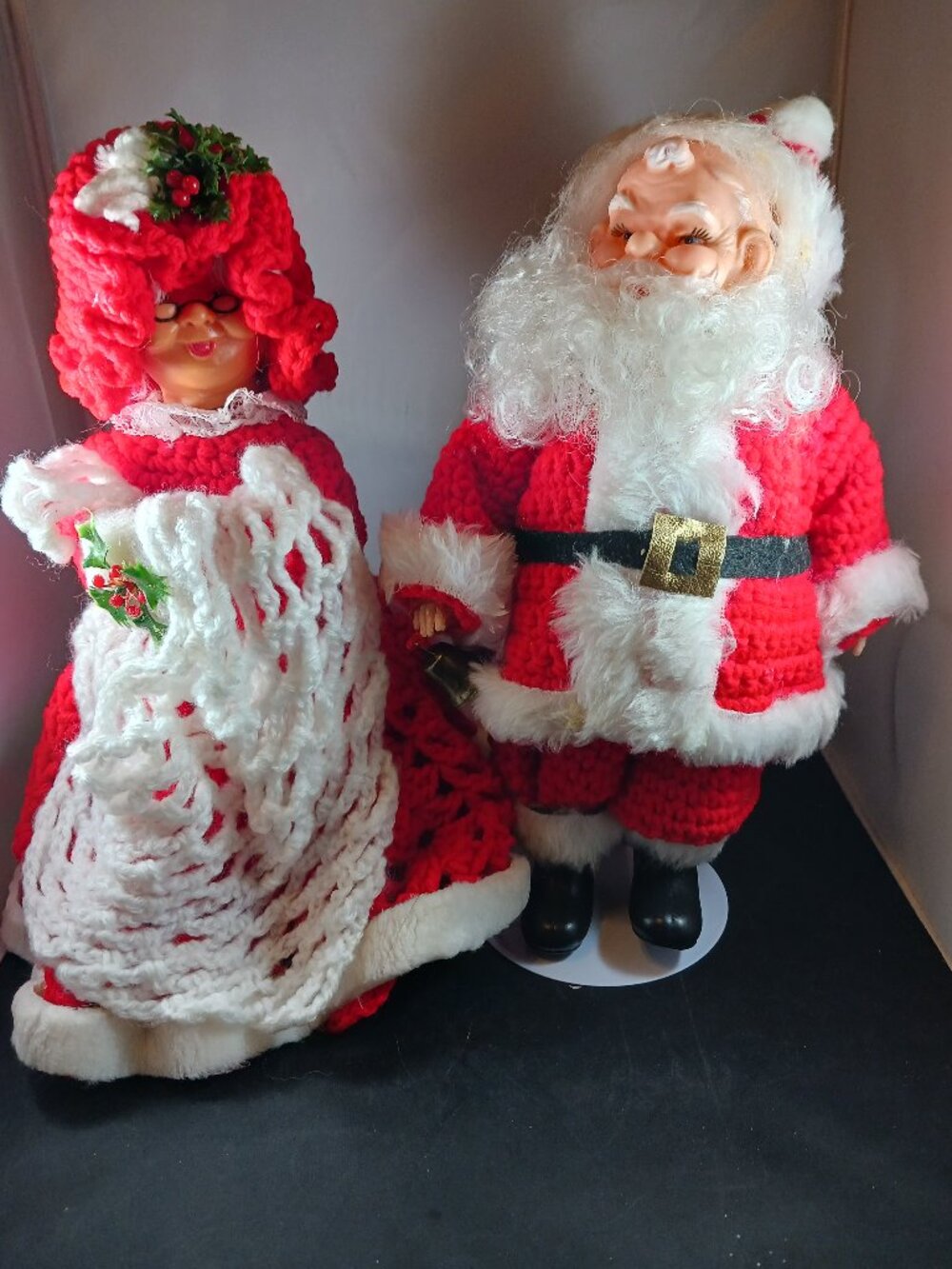 Vintage Crochet Santa Mr. & Mrs. Claus Hard Plastic 12in Tall